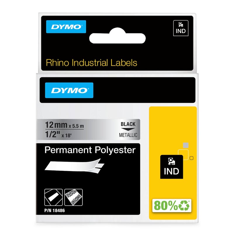 DYMO Rhino Industrial Permanent Polyester Labels, 1/2" Black Print on Metallic Tape - Image 1